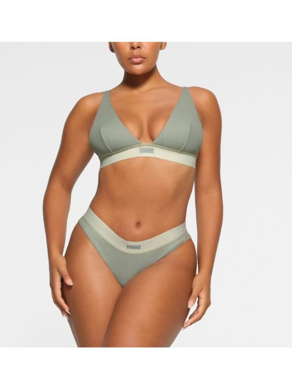SKIMS Cotton Rib Plunge Bralette Mineral Size Small NWT